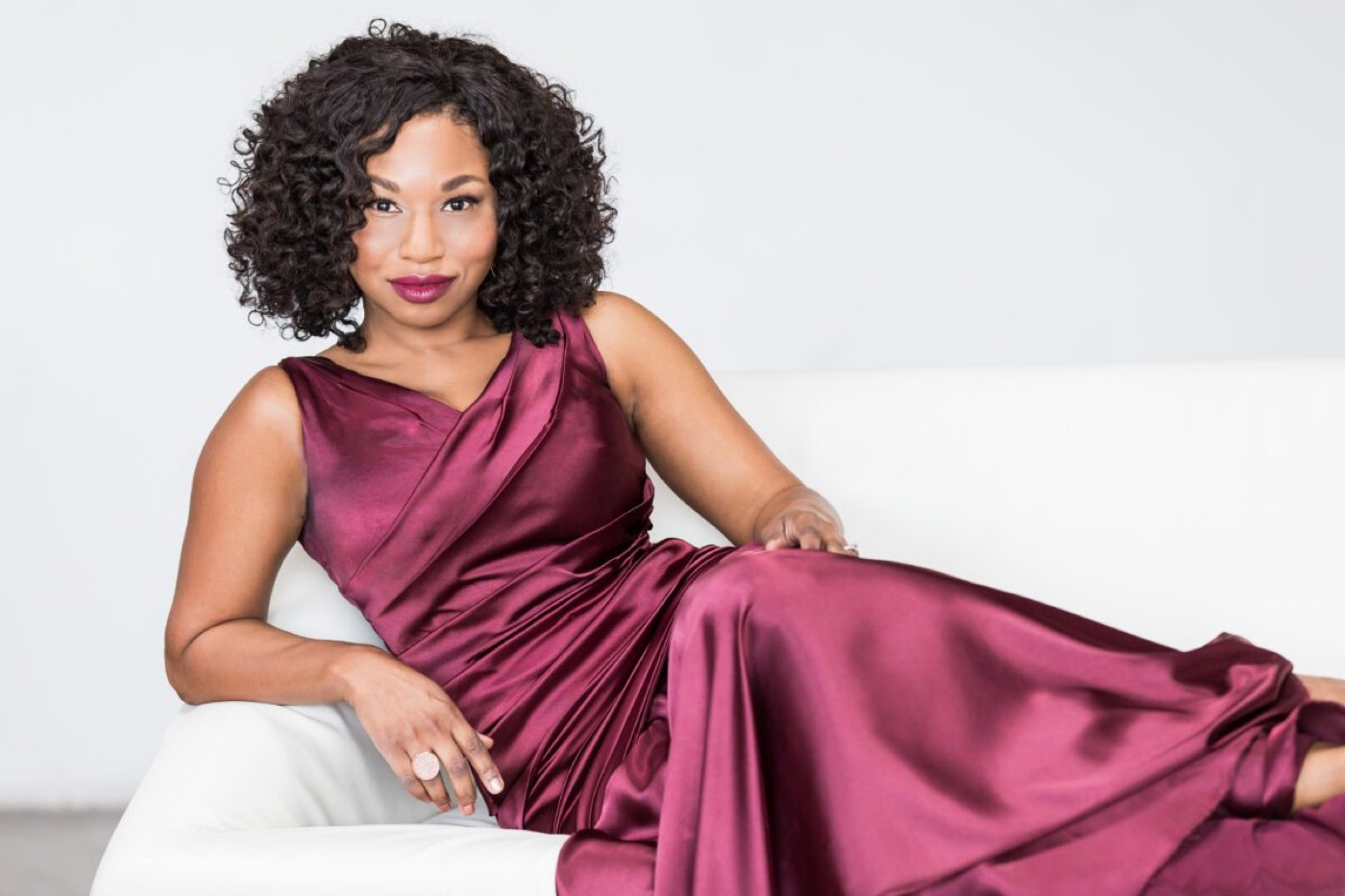 Stephanie Ann Ball in a burgundy gown